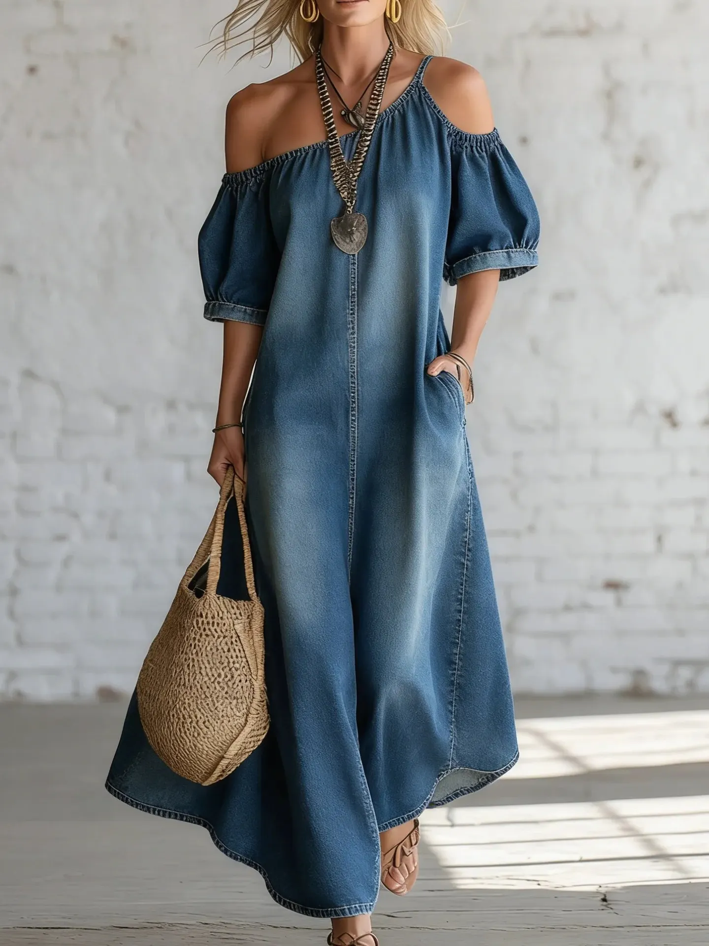Asymmetrical Neck Denim Maxi Dress with Pockets