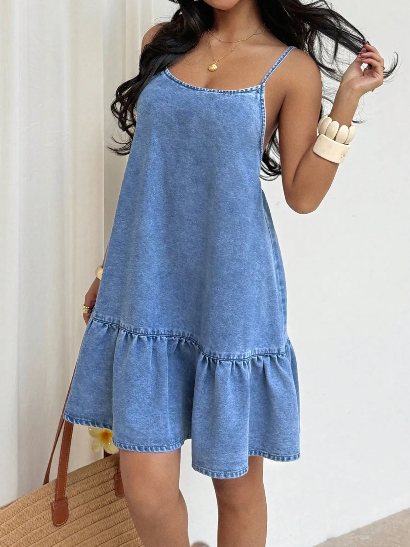 Casual Spaghetti Strap Ruffle Hem Denim Dress