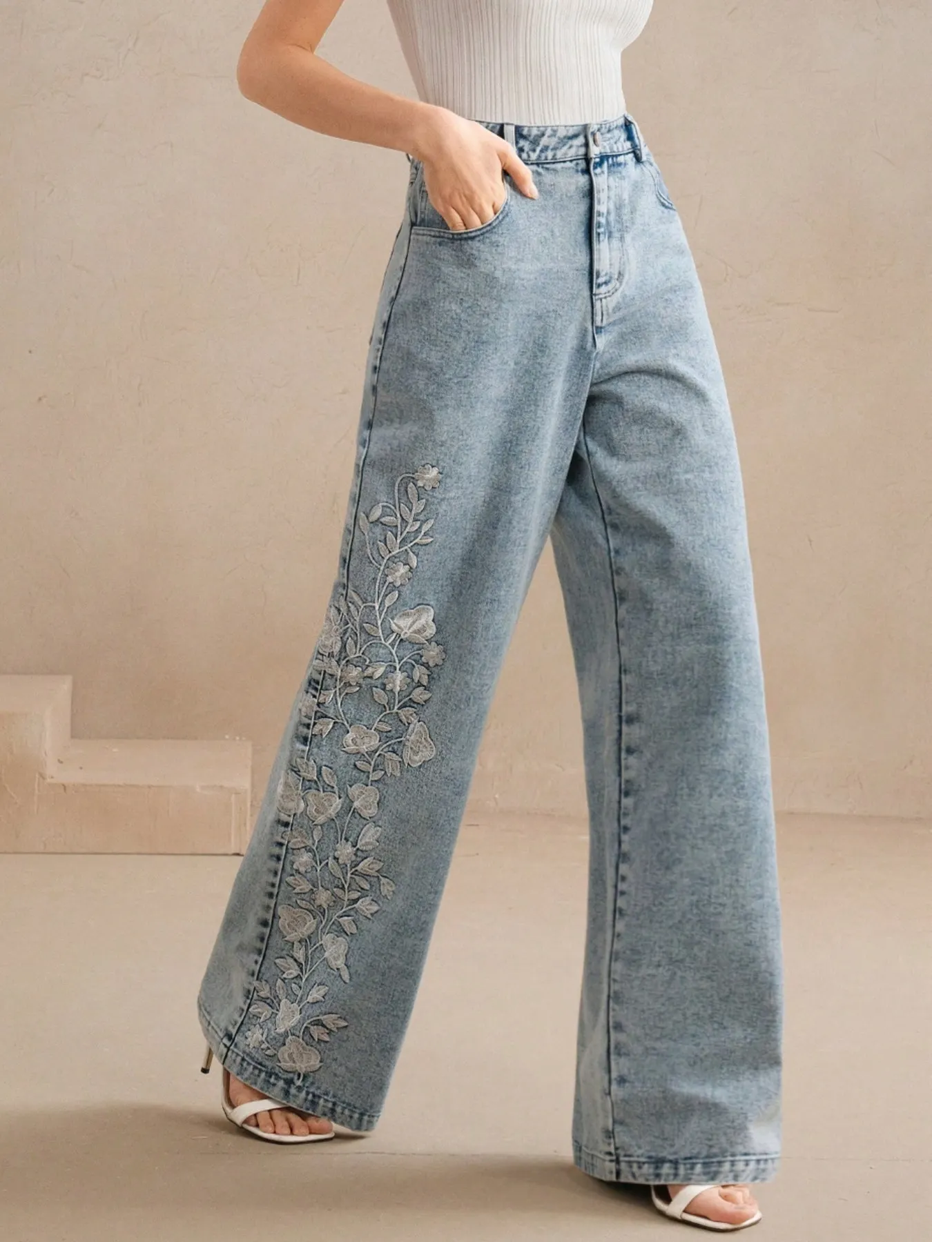 Embroidered Wide-Leg Jeans