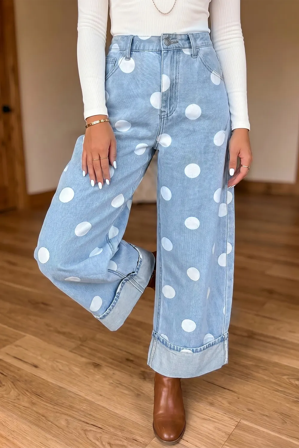 Polka Dot Ankle-Length Metal Button Casual Jeans