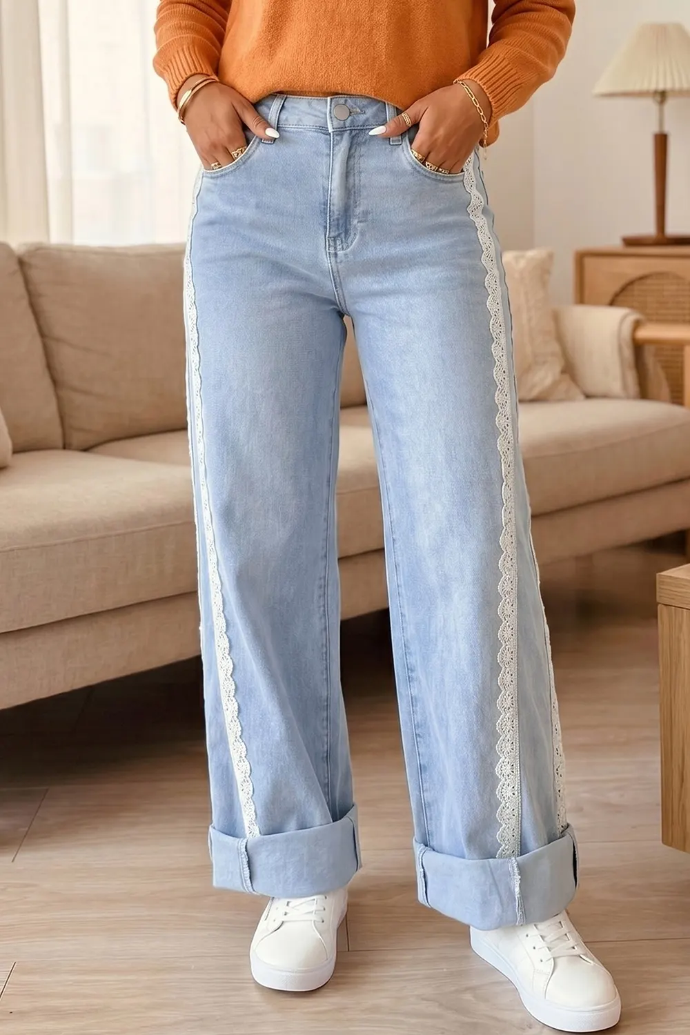 Light Wash Lace Trim Wide Leg Jeans