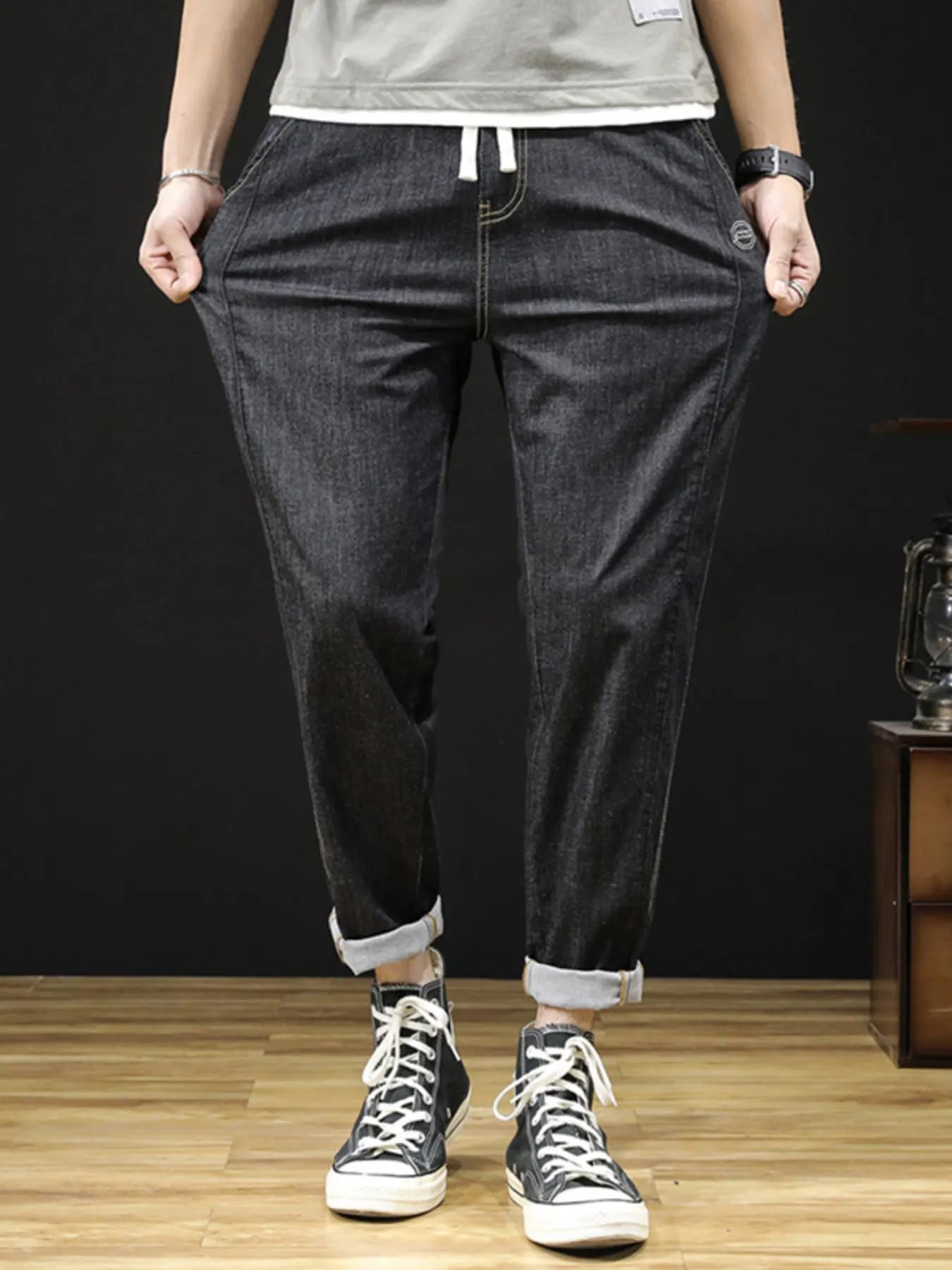 Men's Plus Size Drawstring Straight Leg Jeans